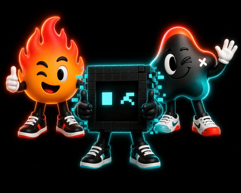 Mundi, Flama y Pixel — las mascotas de Bimm Studio